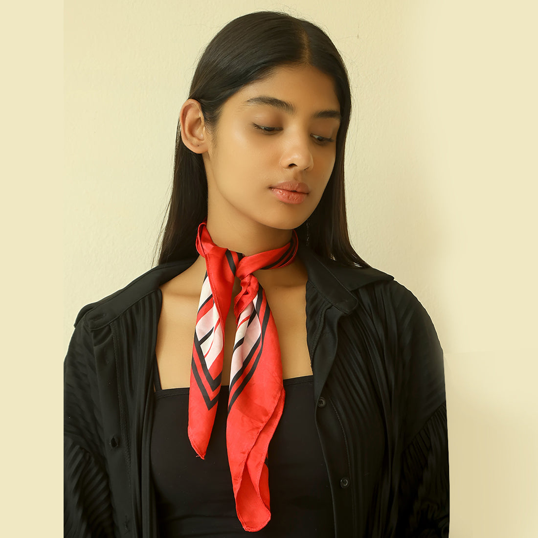 Red-Bordered Pink Striped Satin Scarf