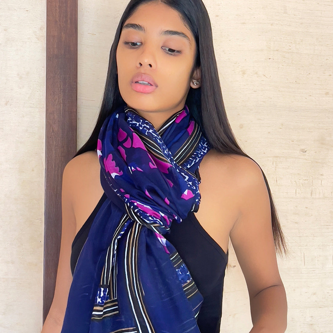 Ayesha Navy Blue Polka Dot Printed Retro Satin Multipurpose Square Scarf