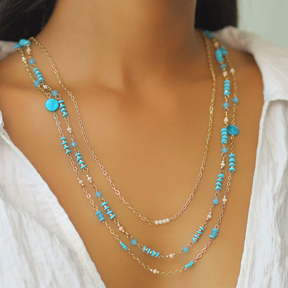 Multi-Layered Bead Necklace in silver tones with high quality blue,gold,leather/brown beads