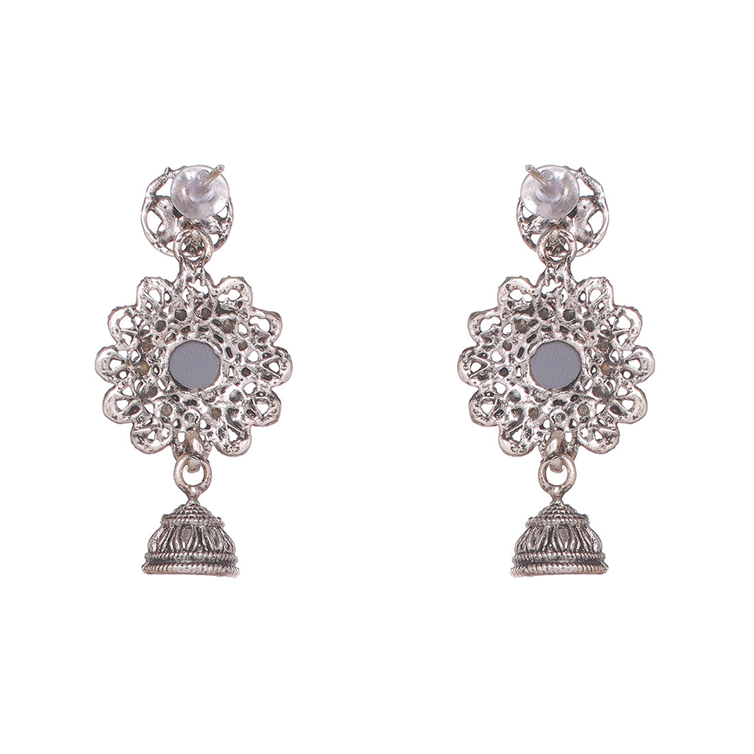 Set Of 2 Ethnic Silver Small Jhumki Danglers With Mirror Work Accent