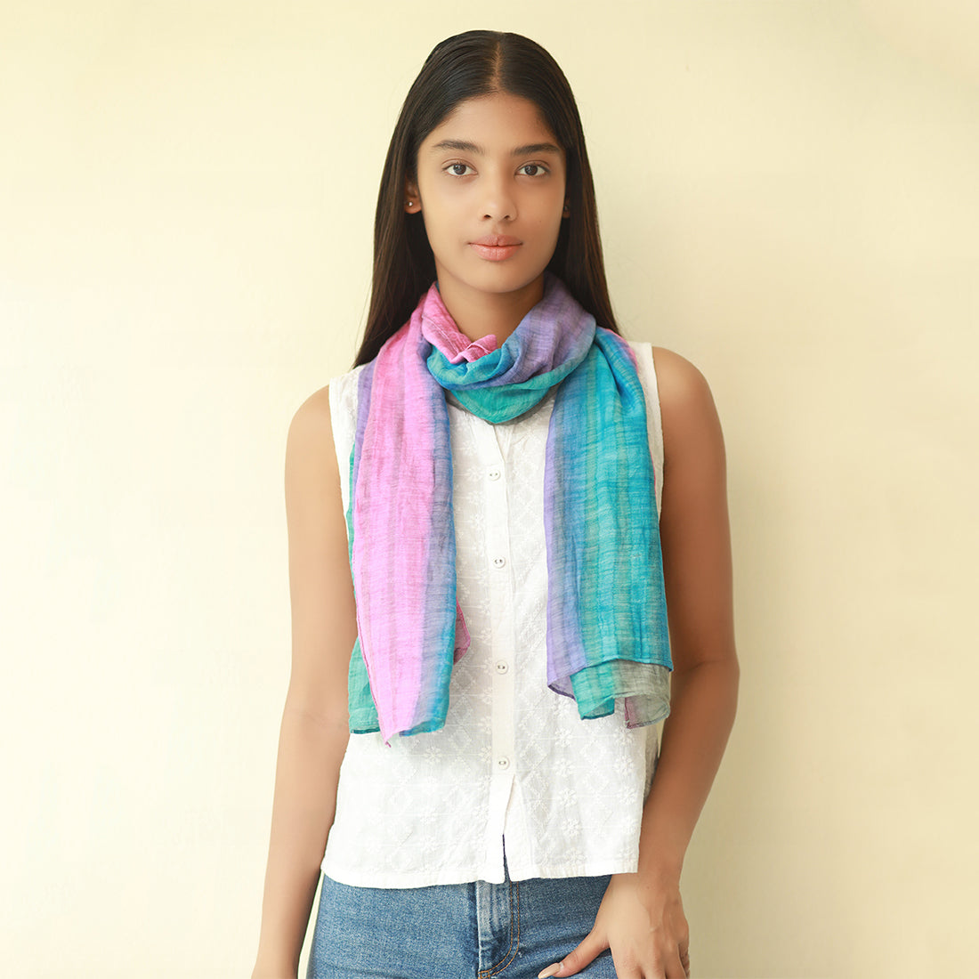 Striped Multicolor Pink, Blue & Purple Ombre Silk-Cotton Blend Crinkle Effect Scarf