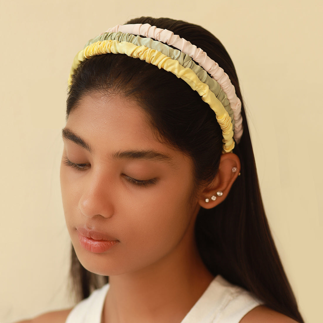 Set of 3 Pastel Green, Yellow & Pink Scrunched Satin Hair Bands