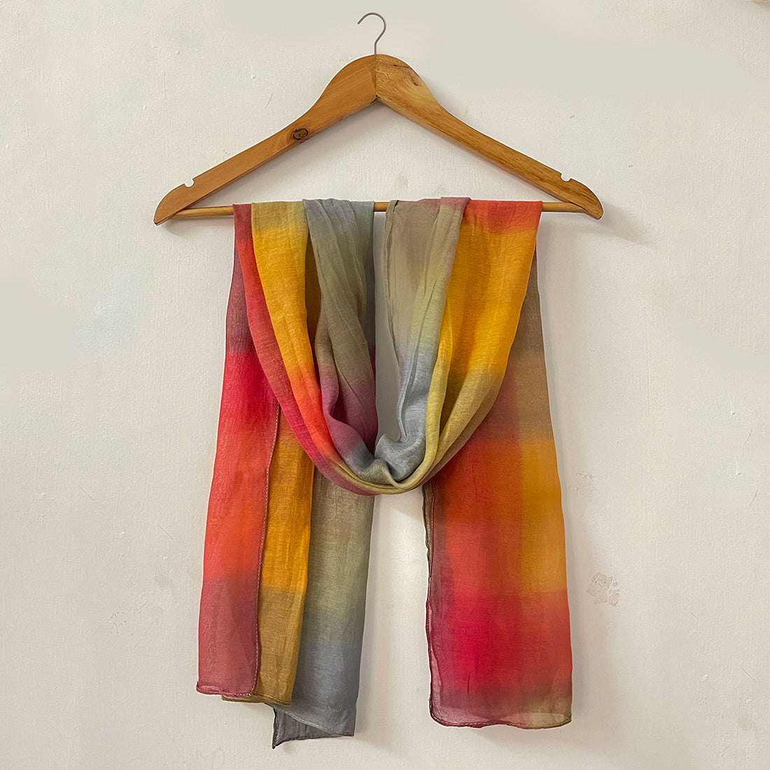 Shades of Yellow, Orange & Grey Ombre Patches Silk-Cotton Blend Crinkle Effect Scarf