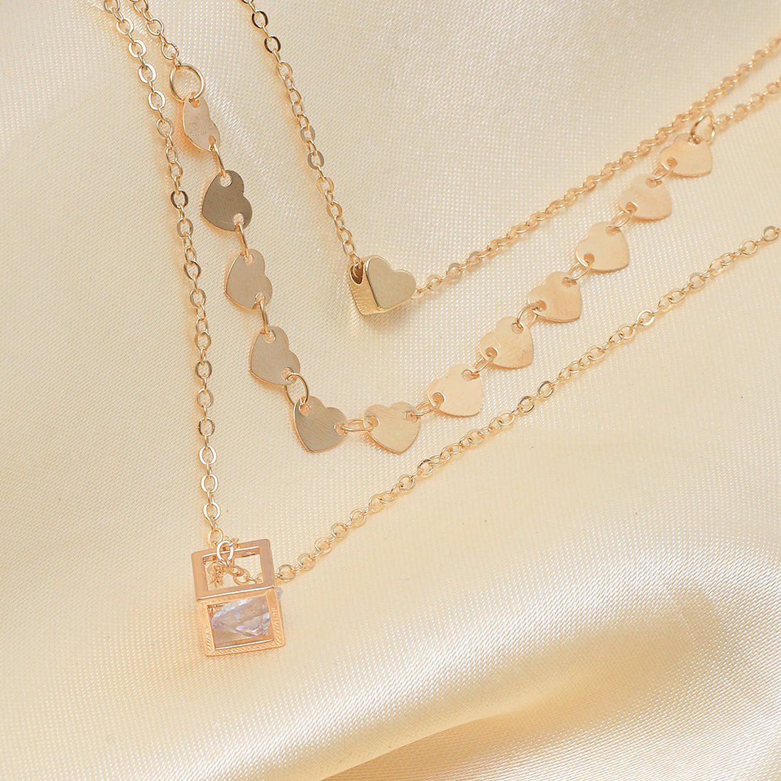 Contemporary Triple Layer Gold Heart And Diamanté Necklace