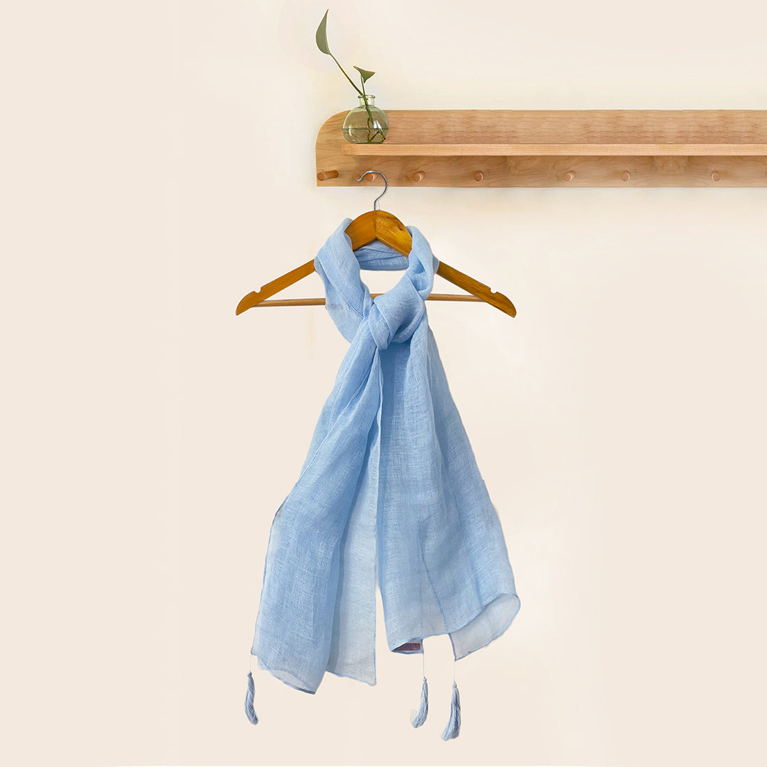 Sky Blue Solid Linen Scarf with Long Tassels on Corners