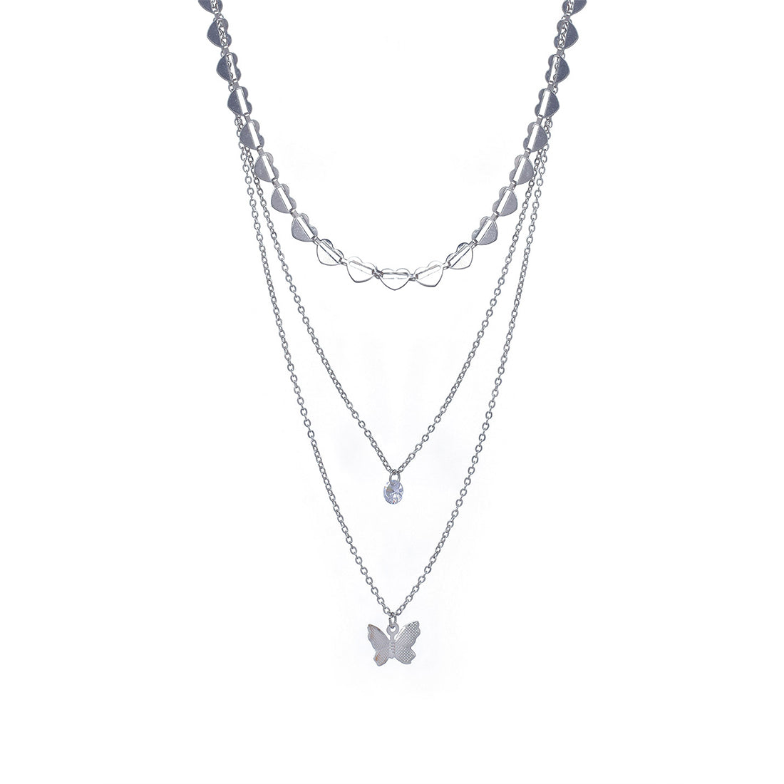 Trendy Three Layered Silver Necklace with Butterfly Pendant , diamonti stone and Chain of Hearts