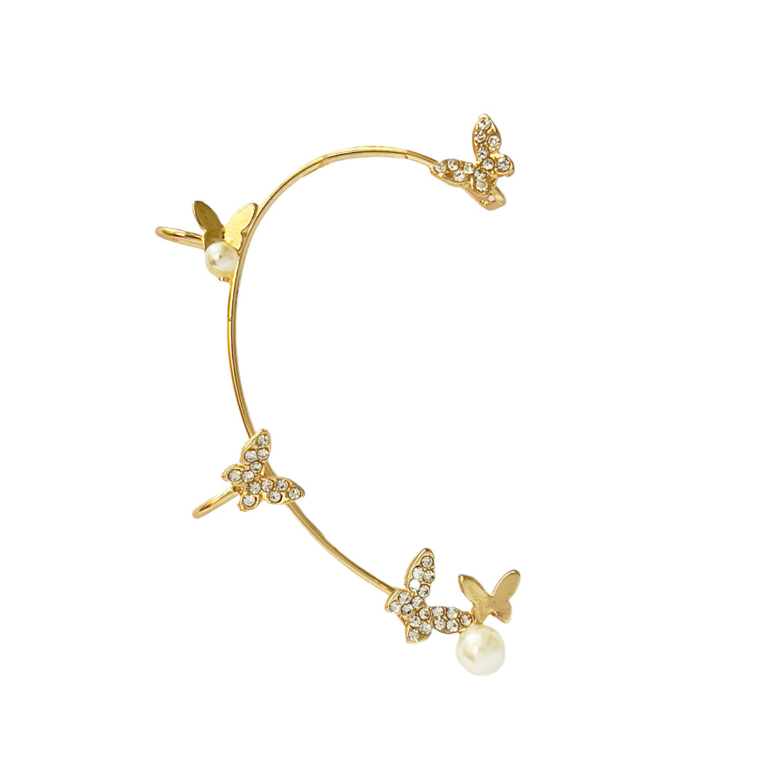 Butterfly Diamante & Pearl Studded Metallic Gold Cuff Earring