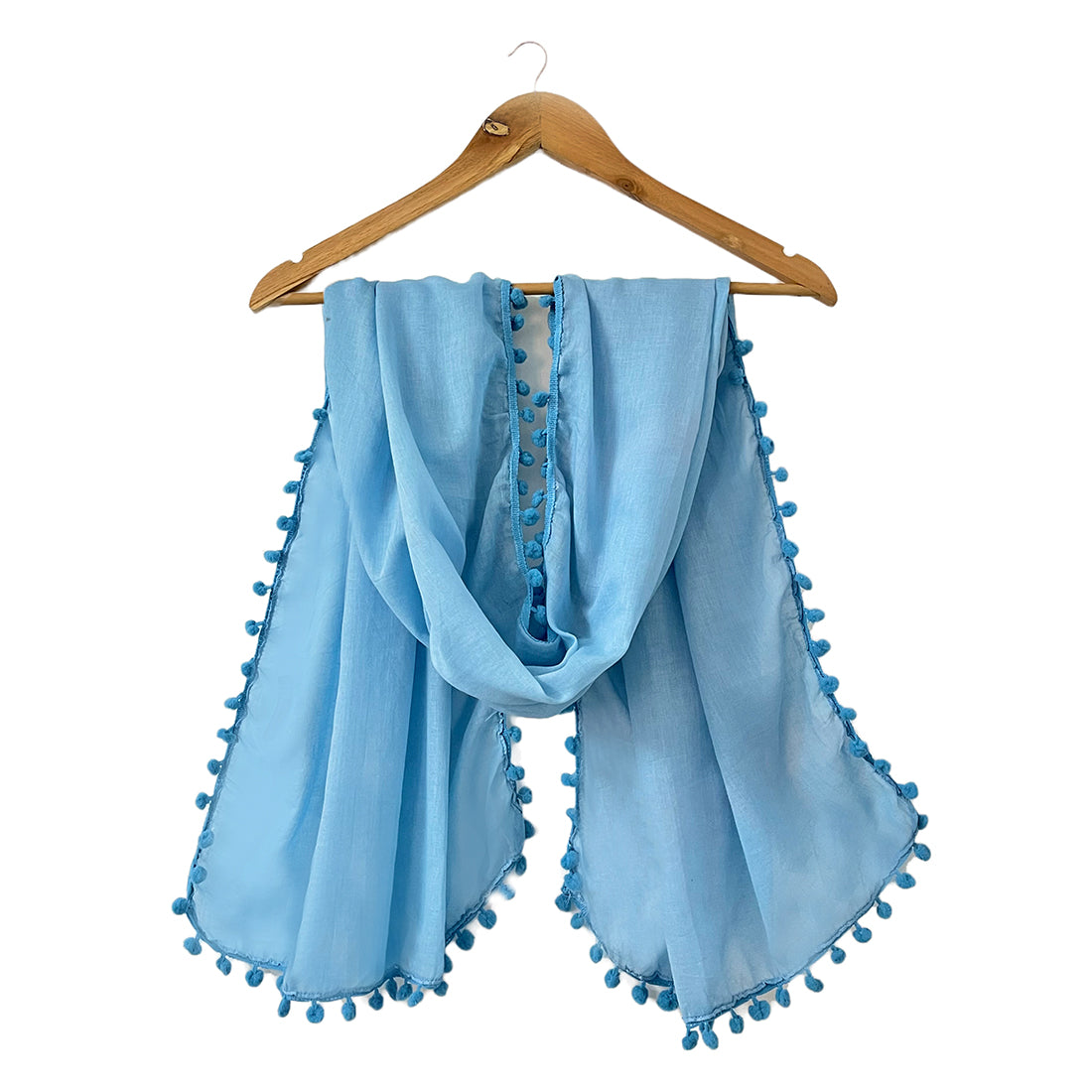 Blue Pom Pom Border Solid Viscose Scarf