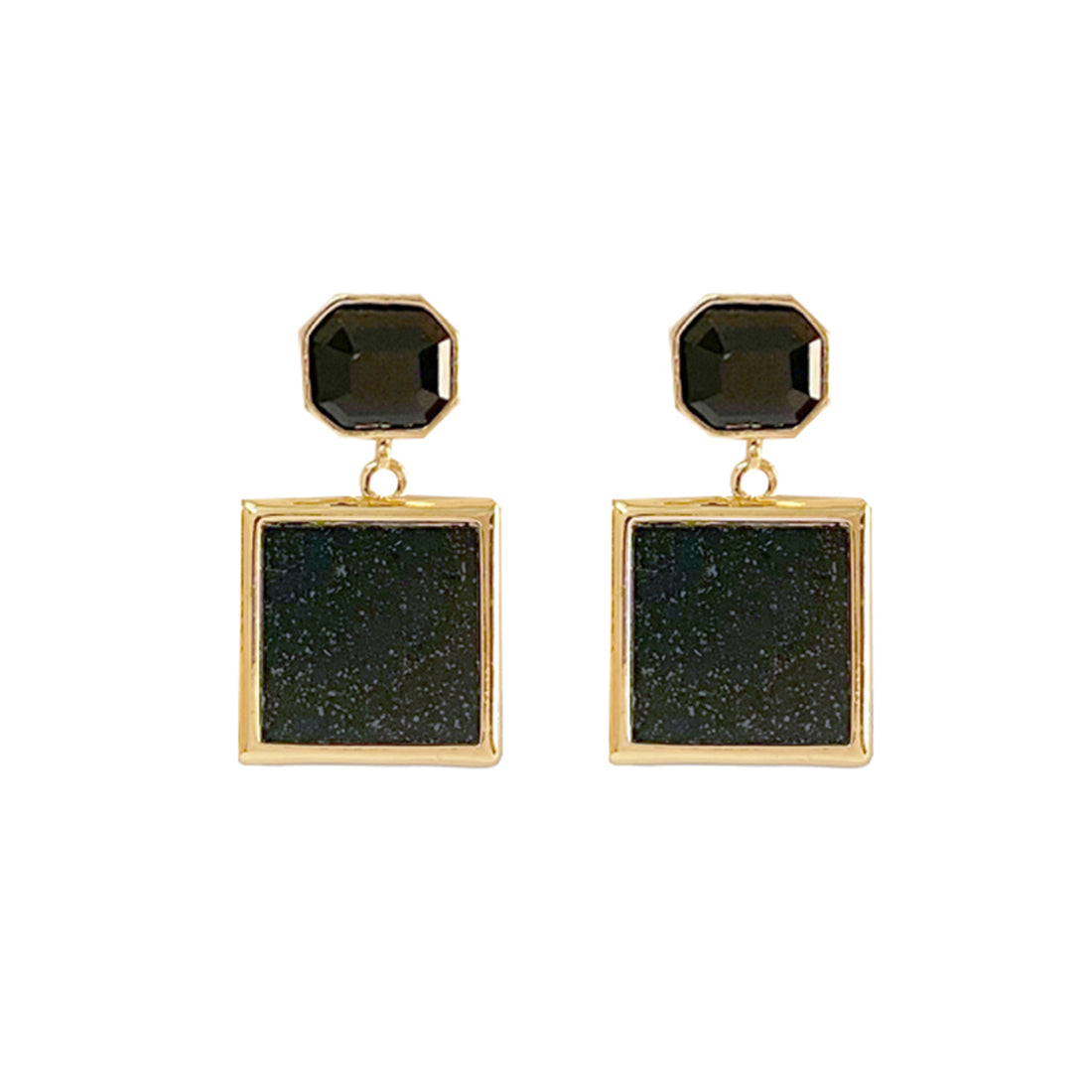 Contemporary Black Acrylic Gold-Toned Hexagon Rhinestone with Square Drop Earrings