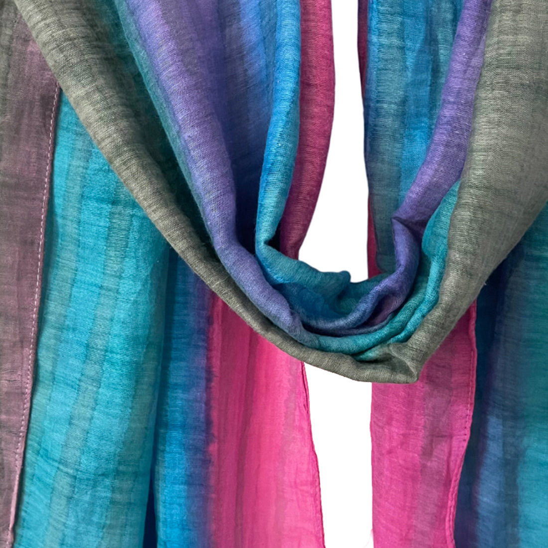 Striped Multicolor Pink, Blue & Purple Ombre Silk-Cotton Blend Crinkle Effect Scarf