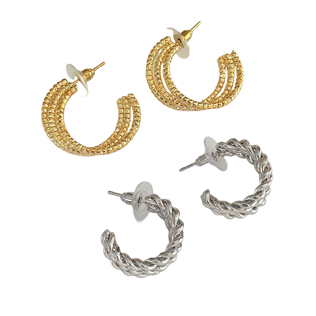 Set Of 2 Gold & Silver Layered & Twisted Open-Hoop Earrings