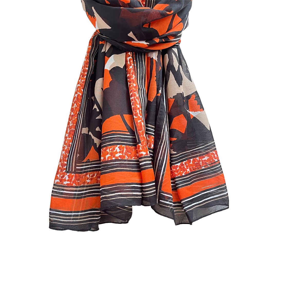 Black, White & Orange Abstract Floral Print with Striped Border Viscose Scarf