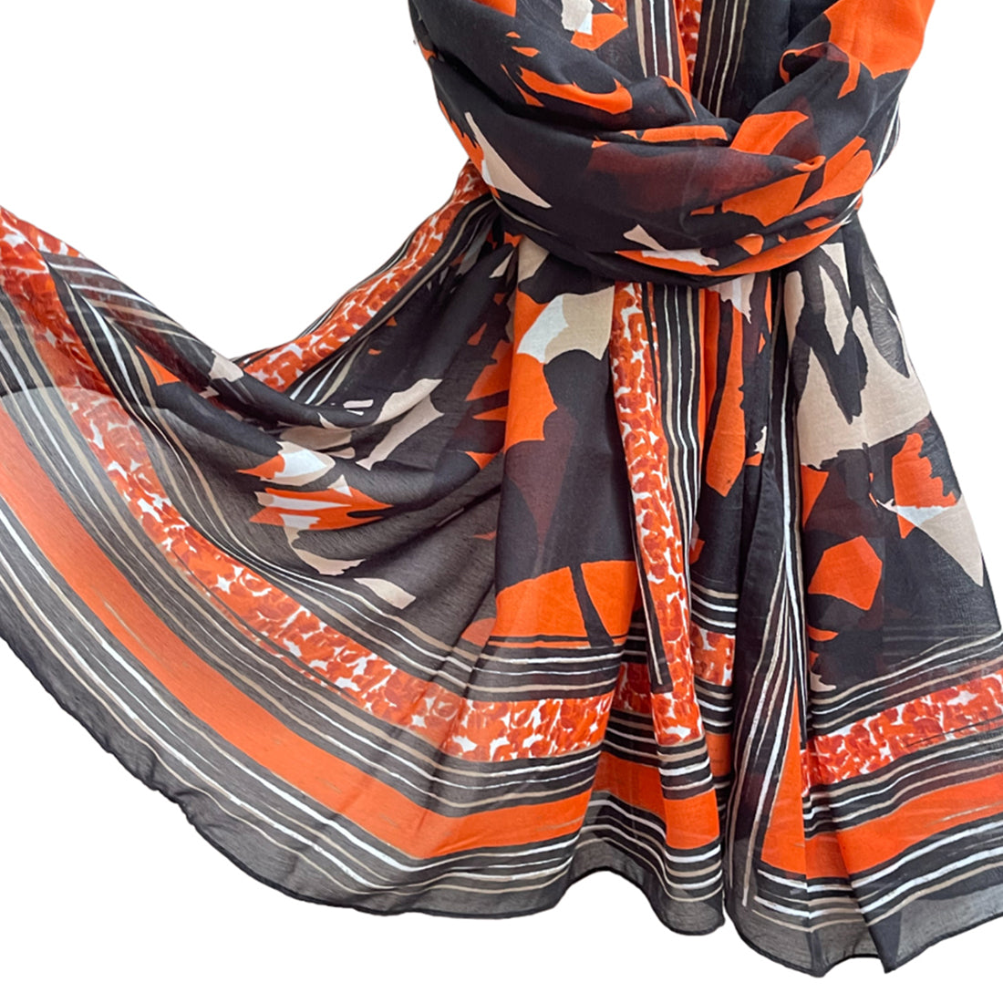 Black, White & Orange Abstract Floral Print with Striped Border Viscose Scarf