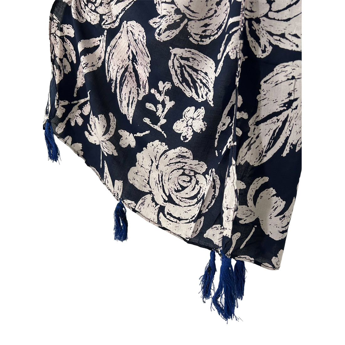 Tropical Green, Navy Blue & Off-White Palm Leaves Printed Modal Tassel Scarf