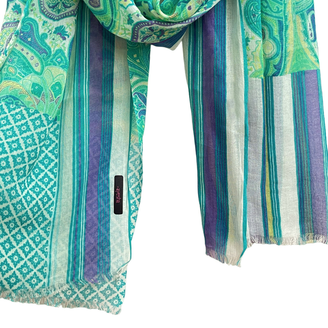 Green, Blue & White Abstract Paisley, Mandala & Striped Printed Viscose Scarf