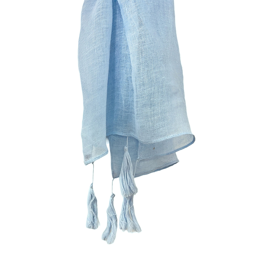 Sky Blue Solid Linen Scarf with Long Tassels on Corners