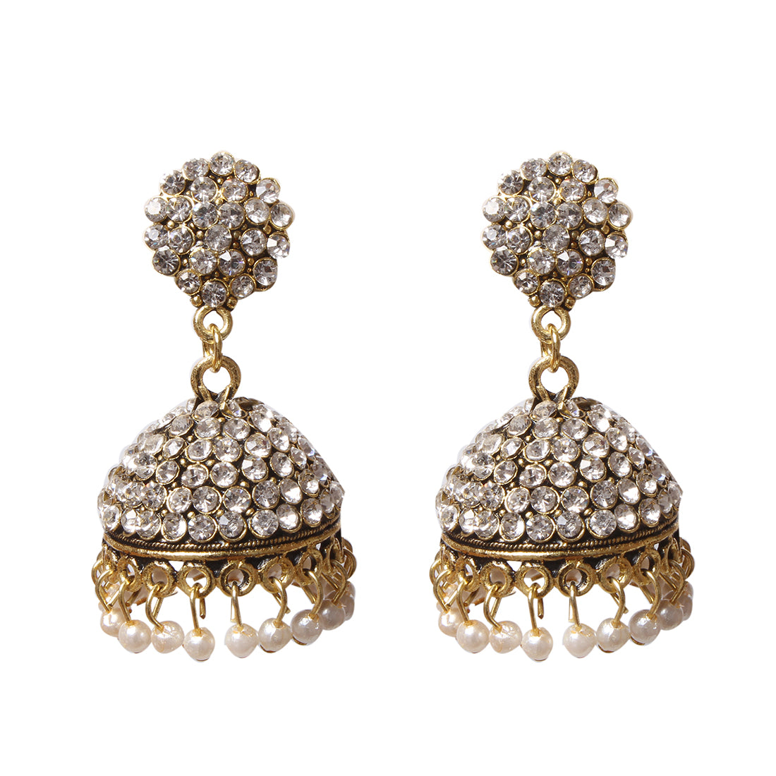 Ethnic Gold-Toned Rhinestone Studded Jhumki Pearl Drop Earrings