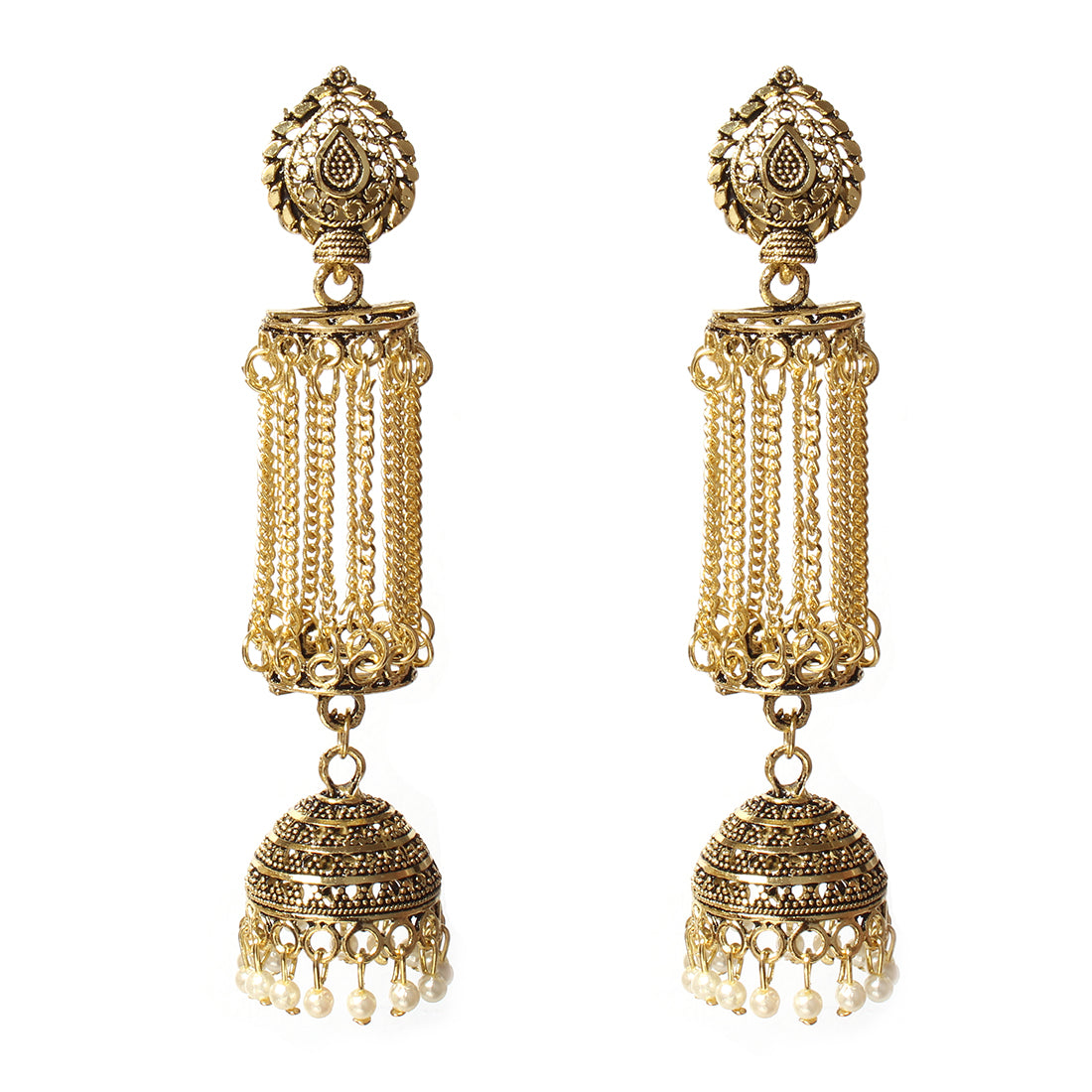 ETHNIC GOLD-TONED LONG DANGLER JHUMKI PEARL DROP EARRINGS