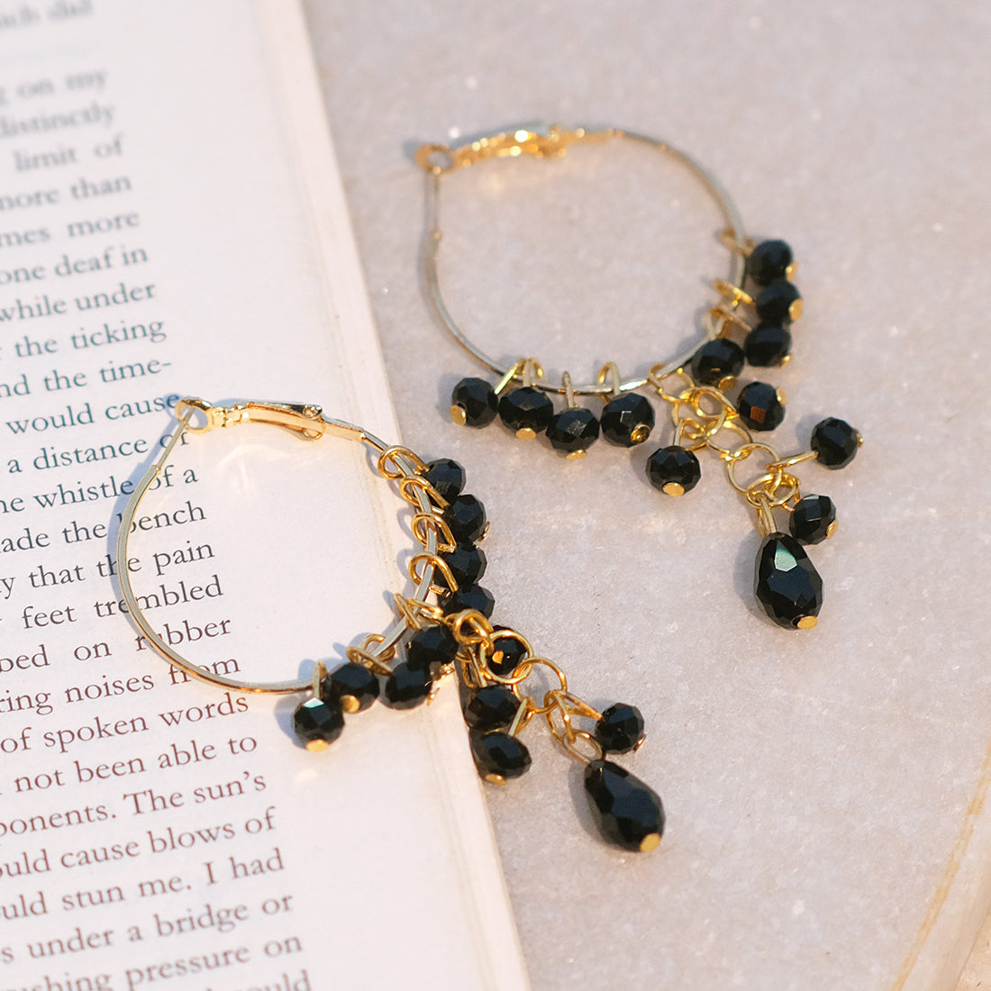 Oversized Black Stone Drop Gold-Toned Circular Hoop Earrings