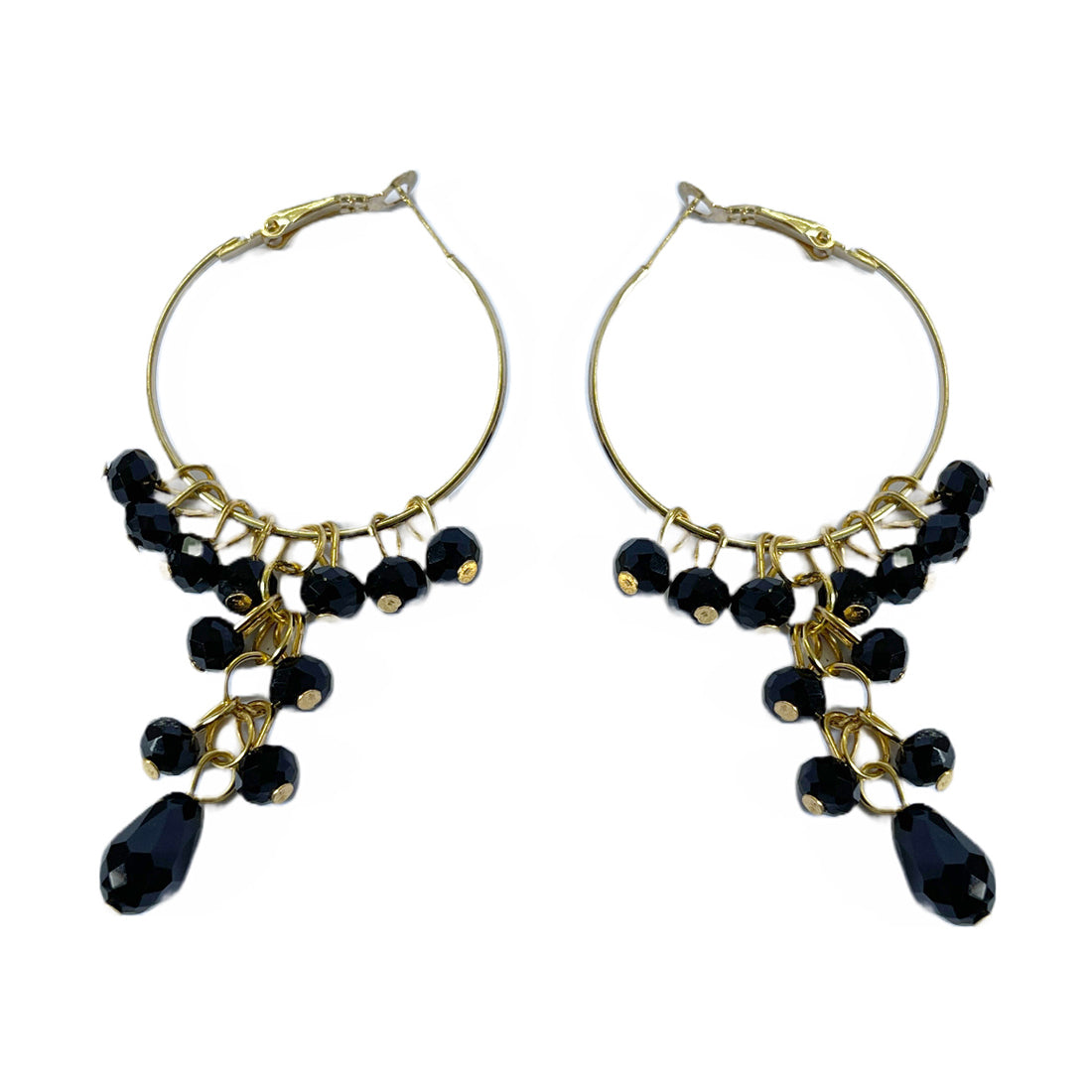 Oversized Black Stone Drop Gold-Toned Circular Hoop Earrings