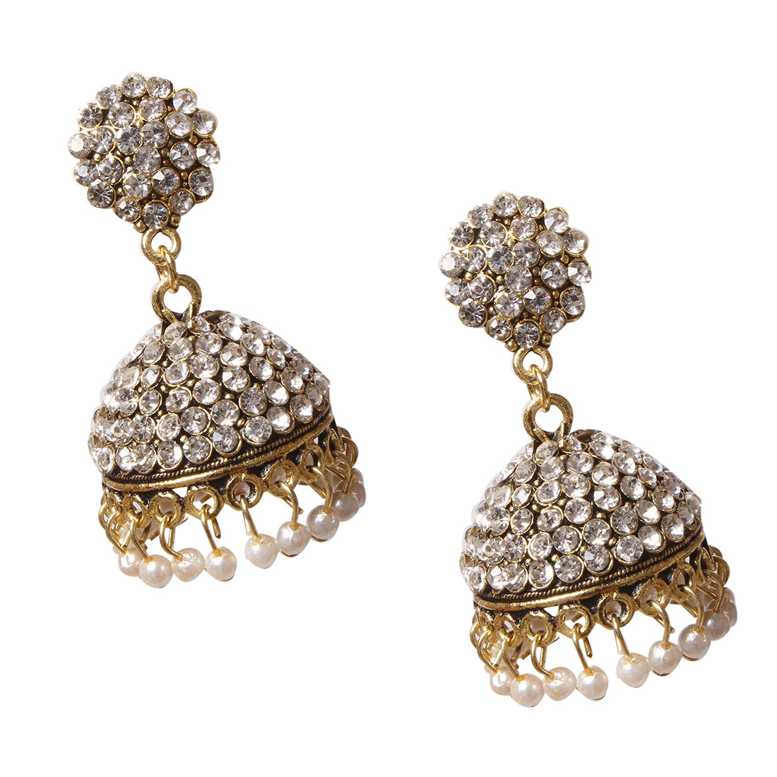 Ethnic Gold-Toned Rhinestone Studded Jhumki Pearl Drop Earrings