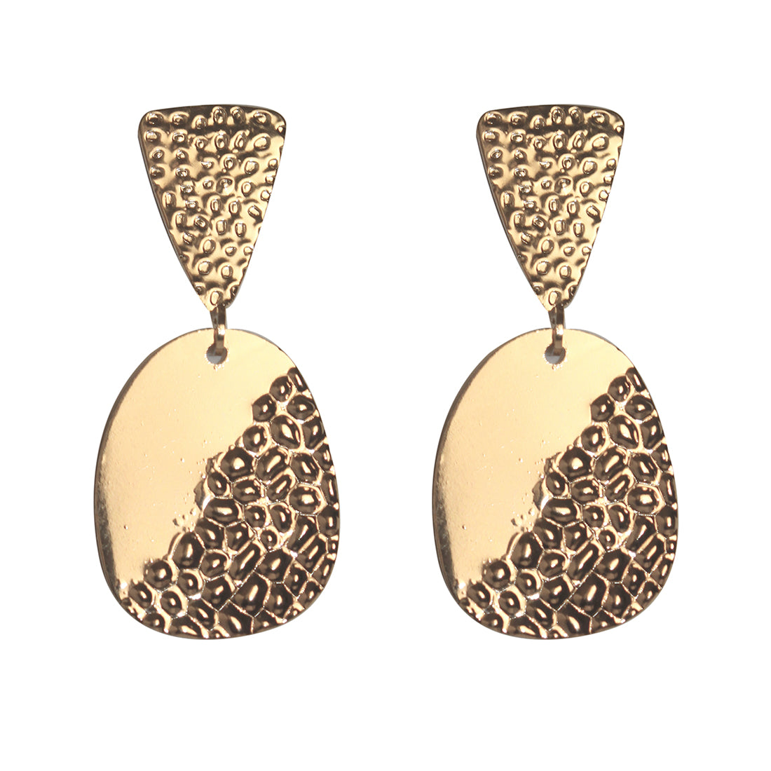 CONTEMPORARY OVERSIZED HALF TEXTURED GOLD-TONED OVAL DROP EARRINGS