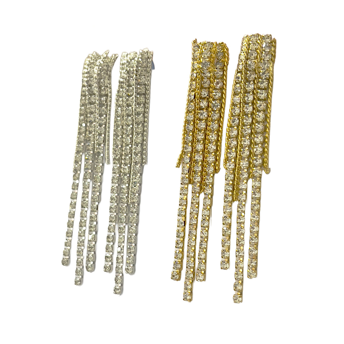 Set Of Two Contemporary White Diamante Crystal Studded Gold & Silver-Toned Tassel Drop Earrings