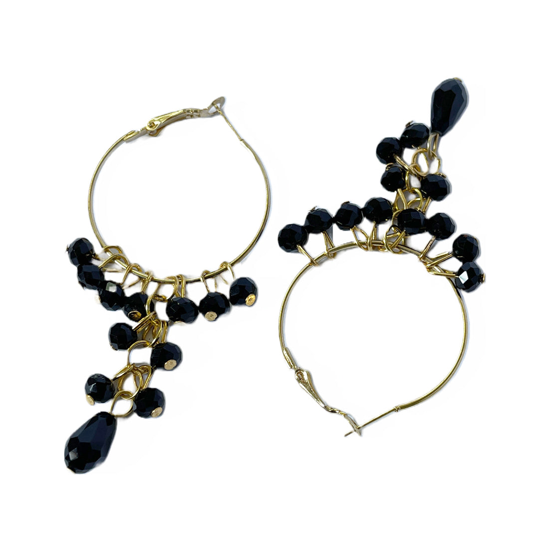 Oversized Black Stone Drop Gold-Toned Circular Hoop Earrings