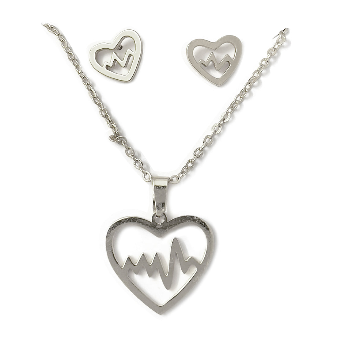 Set Of Two Heartbeat Silver-Toned Pendant Necklace & Earrings Set