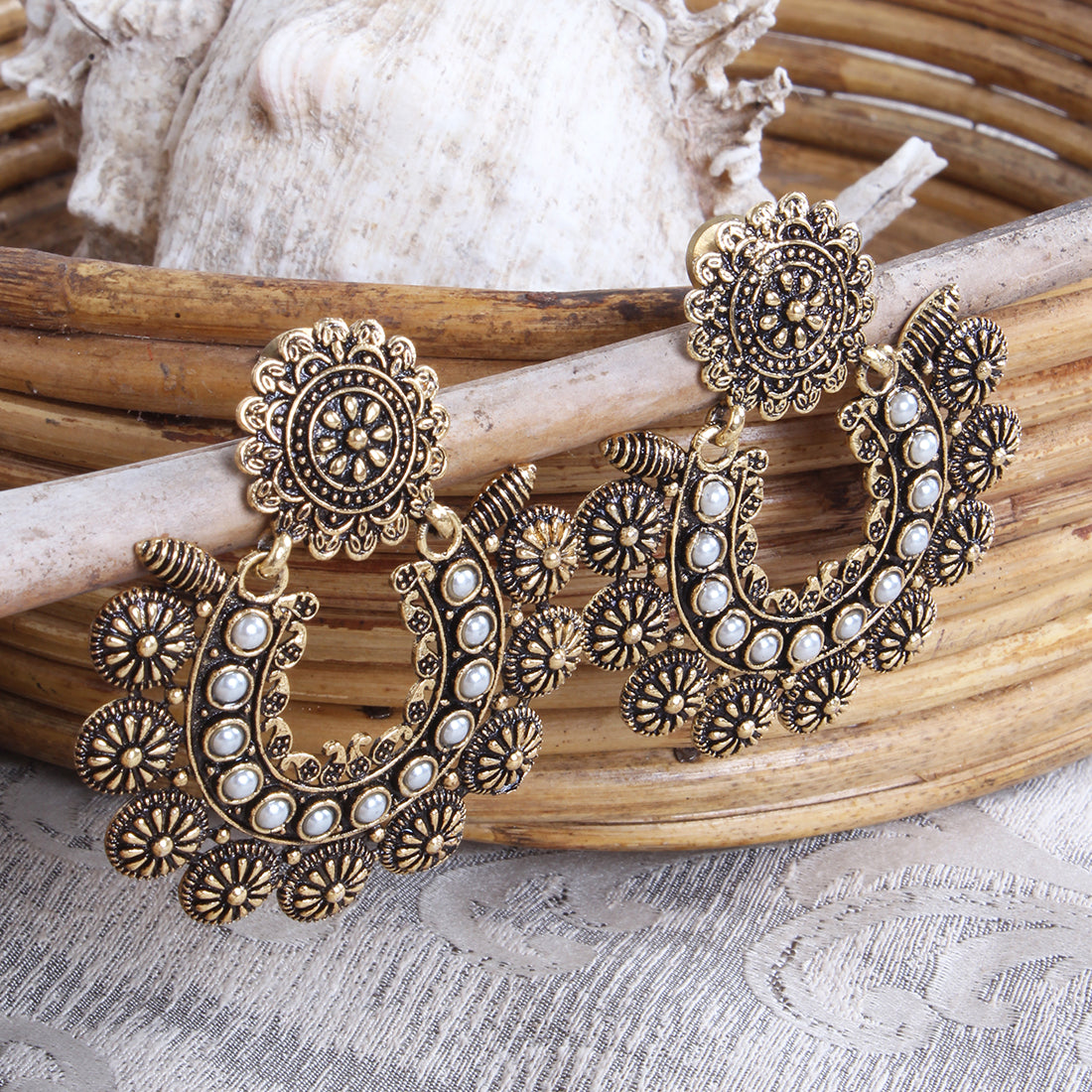 OVERSIZED HANDCRAFTED ETHNIC GOLD-TONED WHITE RHINESTONE STUDDED DROP EARRINGS
