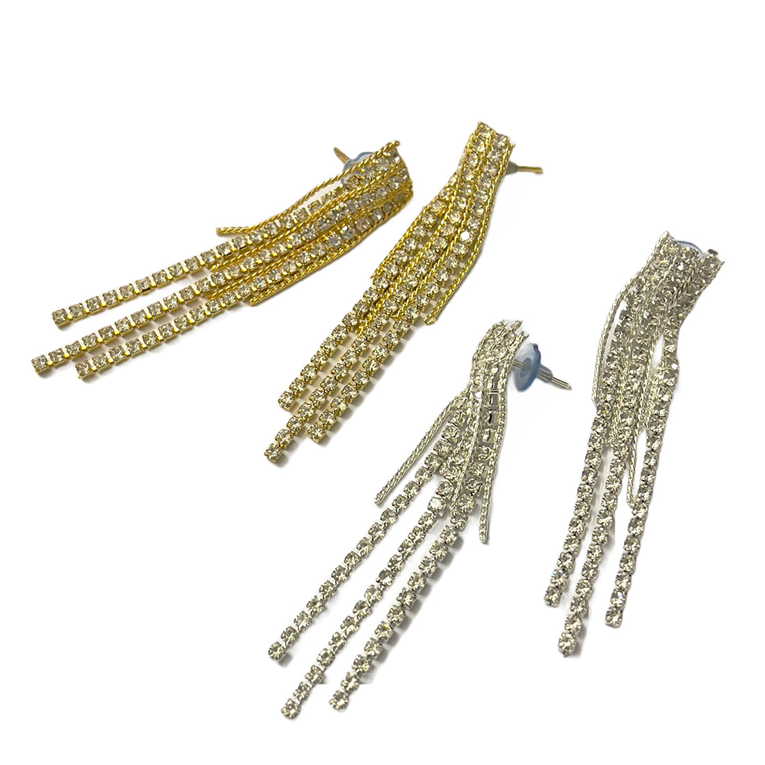 Set Of Two Contemporary White Diamante Crystal Studded Gold & Silver-Toned Tassel Drop Earrings