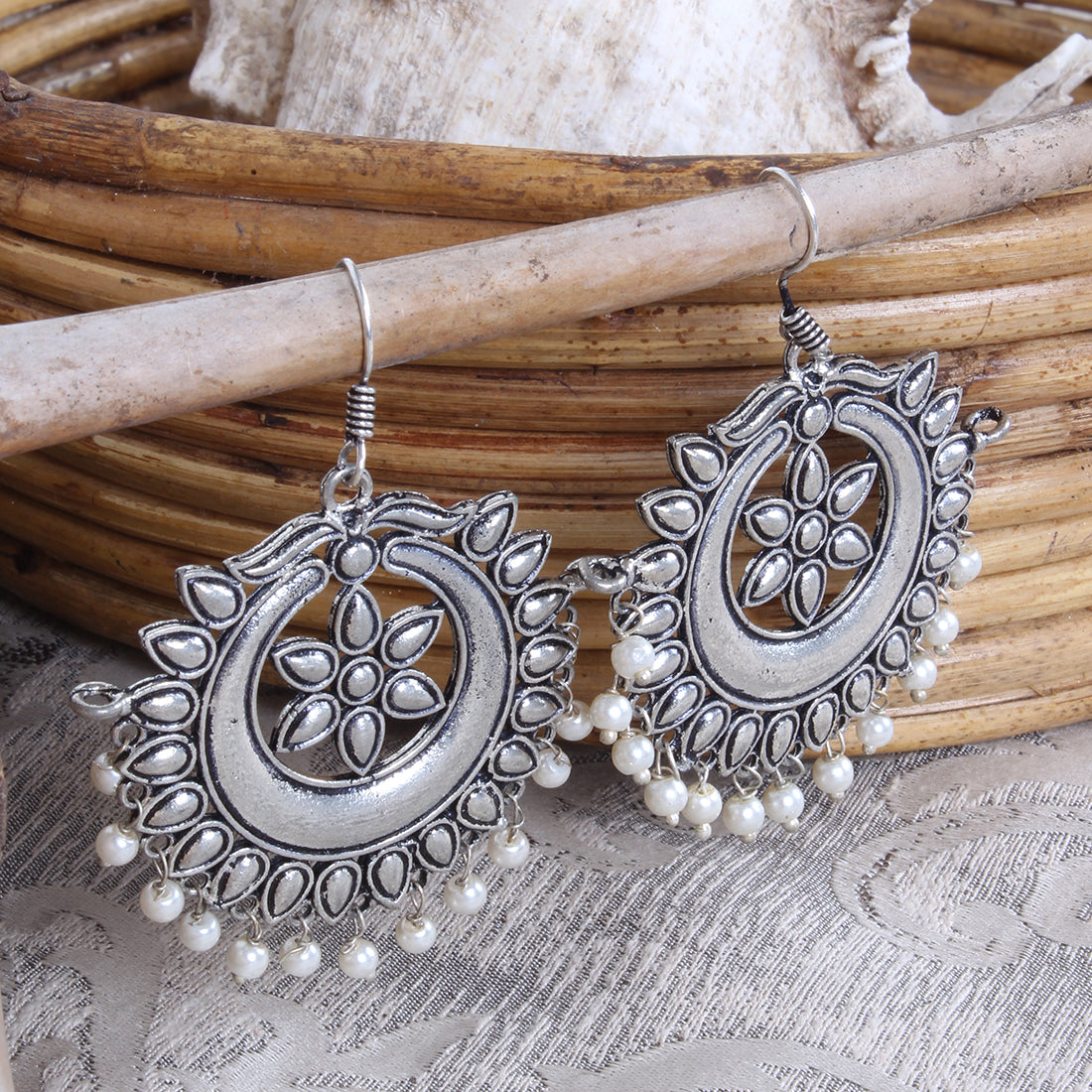 Silver Ethnic Earring, Silver Oxidized Earring, Pearl Bead Earring, Wire Wrapped Earring, selling Ancient Style Earring, Unique Earring