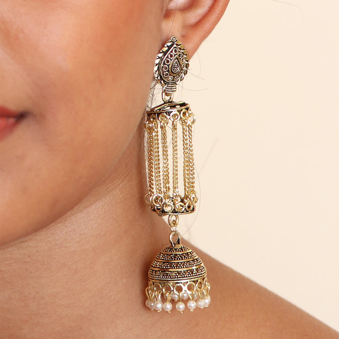 ETHNIC GOLD-TONED LONG DANGLER JHUMKI PEARL DROP EARRINGS